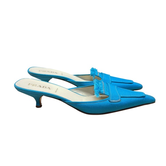 PRADA Blue Canvas Kitten Heel Mules Blue Pointed Toe - Picture 2 of 9